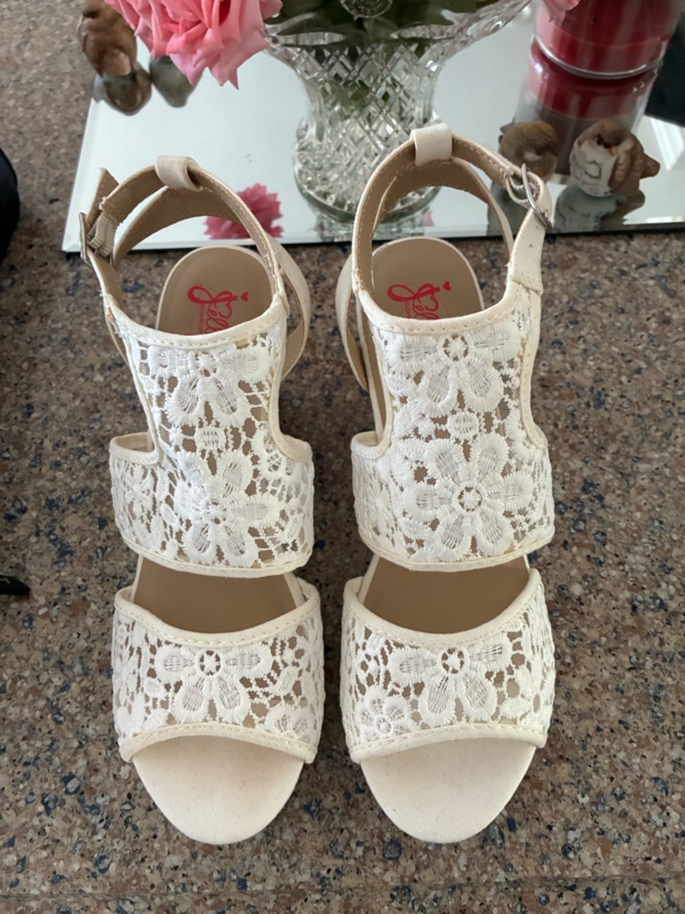 Lace Floral Cream Slingback Wedge Sandals